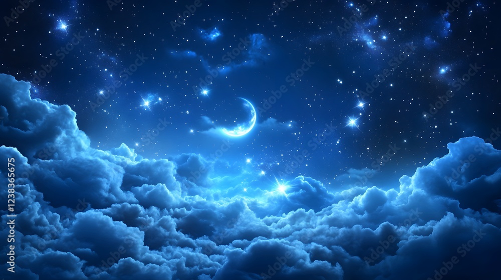 Celestial Dreamscape: A surreal dreamscape unfolds beneath a breathtaking night sky, adorned with a crescent moon and countless twinkling stars, as soft clouds drift across the celestial canvas. Celestial Dreamscape: A surreal dreamscape unfolds beneath a breathtaking night sky, adorned with a crescent moon and countless twinkling stars, as soft clouds drift across the celestial canvas.