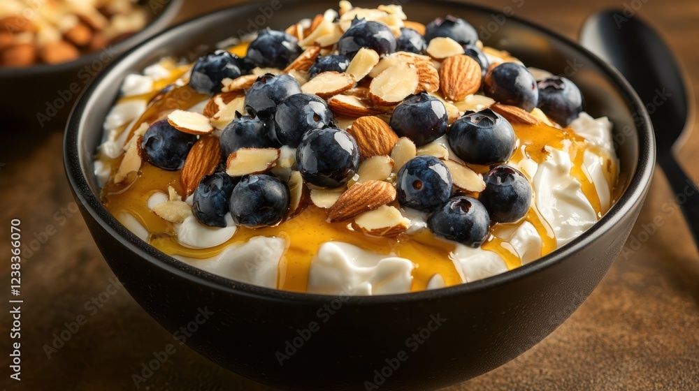 This vibrant breakfast bowl features creamy yogurt topped with a generous amount of fresh blueberries, sliced almonds, and a drizzle of honey. Perfect for fueling a healthy morning This vibrant breakfast bowl features creamy yogurt topped with a generous amount of fresh blueberries, sliced almonds, and a drizzle of honey. Perfect for fueling a healthy morning