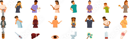 Hepatitis symptoms icons set. People experiencing various symptoms of illness, accompanied by medical icons representing diagnosis and treatment