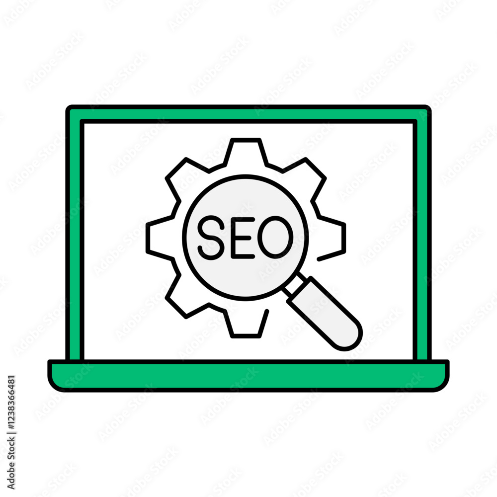 SEO Optimization – Laptop with SEO Settings Icon Representing Website Search Engine Optimization and Ranking Improvements SEO Optimization – Laptop with SEO Settings Icon Representing Website Search Engine Optimization and Ranking Improvements
