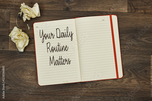 Your Daily Routine Matters concept for practice of regularly notebook with sheet paper on wood table photo