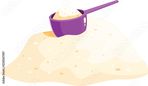 Purple scoop with dry milk infant formula or protein powder on pile of milk powder