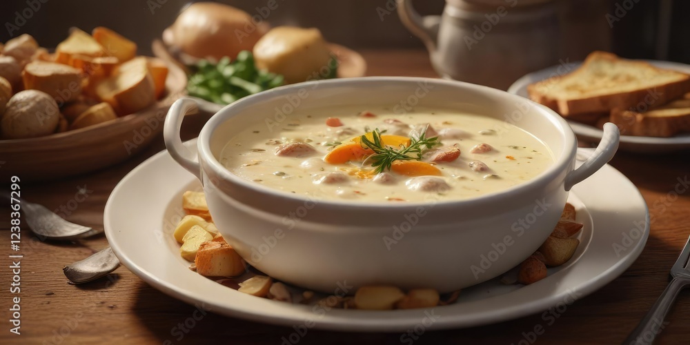 The creamy potato chowder is served in a warm and inviting atmosphere, food, bowl, cozy The creamy potato chowder is served in a warm and inviting atmosphere, food, bowl, cozy