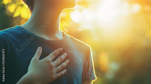 Golden Hour Hope: A young boy, bathed in the warm glow of the setting sun, places his hand on his heart as if feeling the pulse of nature. His silhouette against the golden sky evokes a sense of hope.