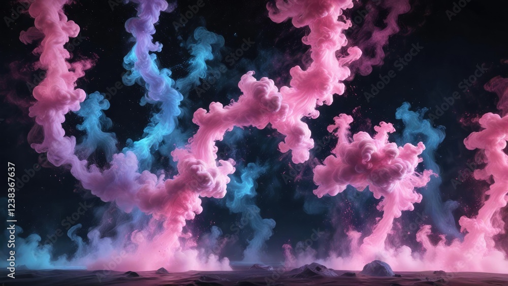 The dark background serves as a backdrop for an otherworldly dance of swirling blue and pink gases, suspended in mid-air , smoke swirls, cosmic phenomena The dark background serves as a backdrop for an otherworldly dance of swirling blue and pink gases, suspended in mid-air , smoke swirls, cosmic phenomena
