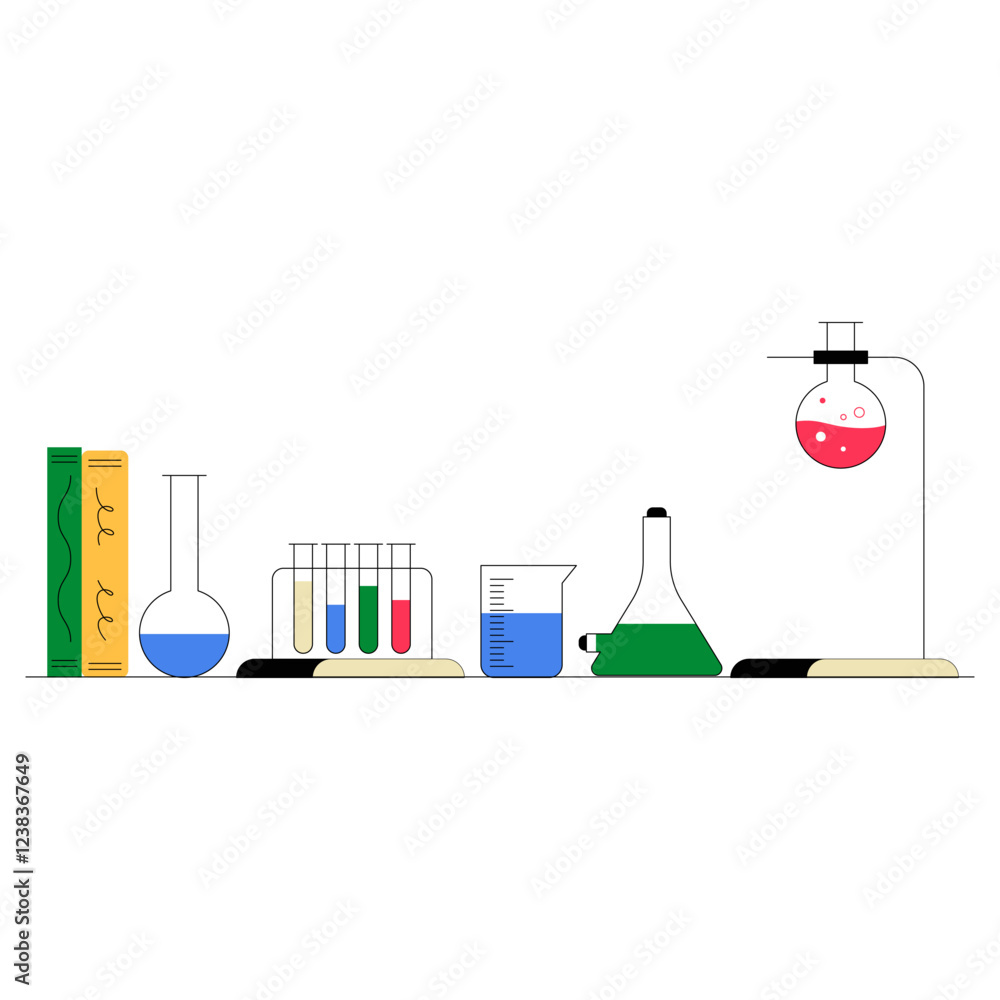 Chemistry Lab Equipment With Books In Flat Vector Illustration Symbolizing Science, Laboratory Research, And Chemistry Studies, Isolated On White Background. Chemistry Lab Equipment With Books In Flat Vector Illustration Symbolizing Science, Laboratory Research, And Chemistry Studies, Isolated On White Background.