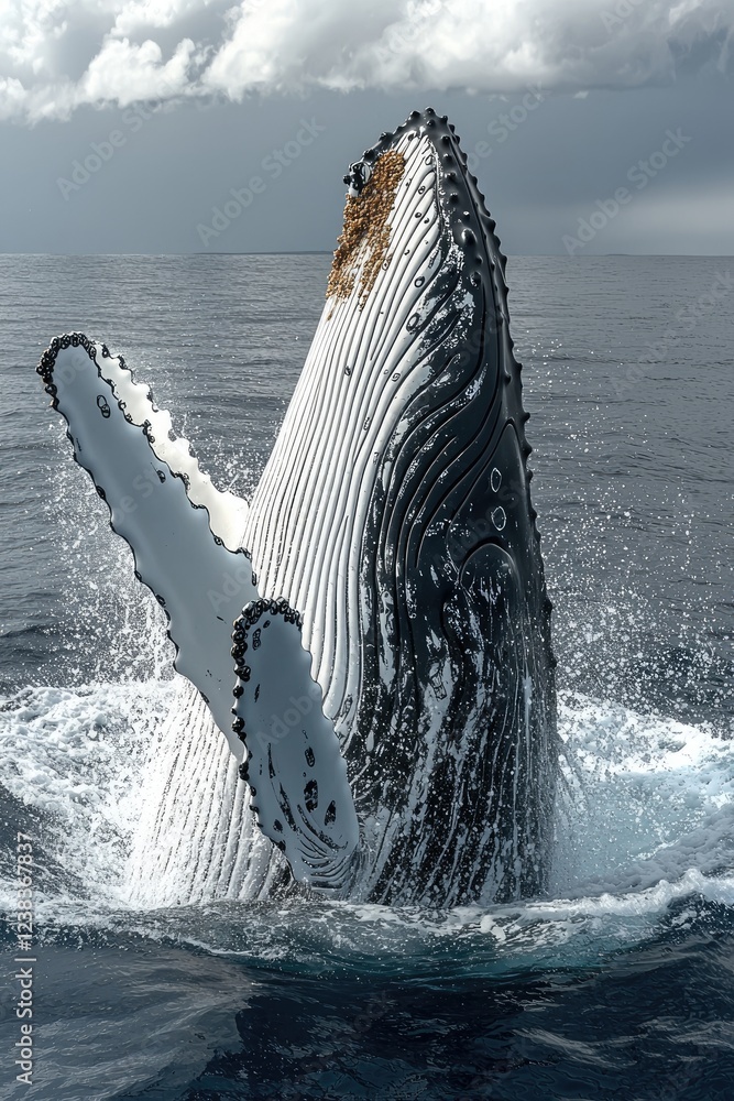 Naklejka premium Humpback Whale Breaching Ocean Surface