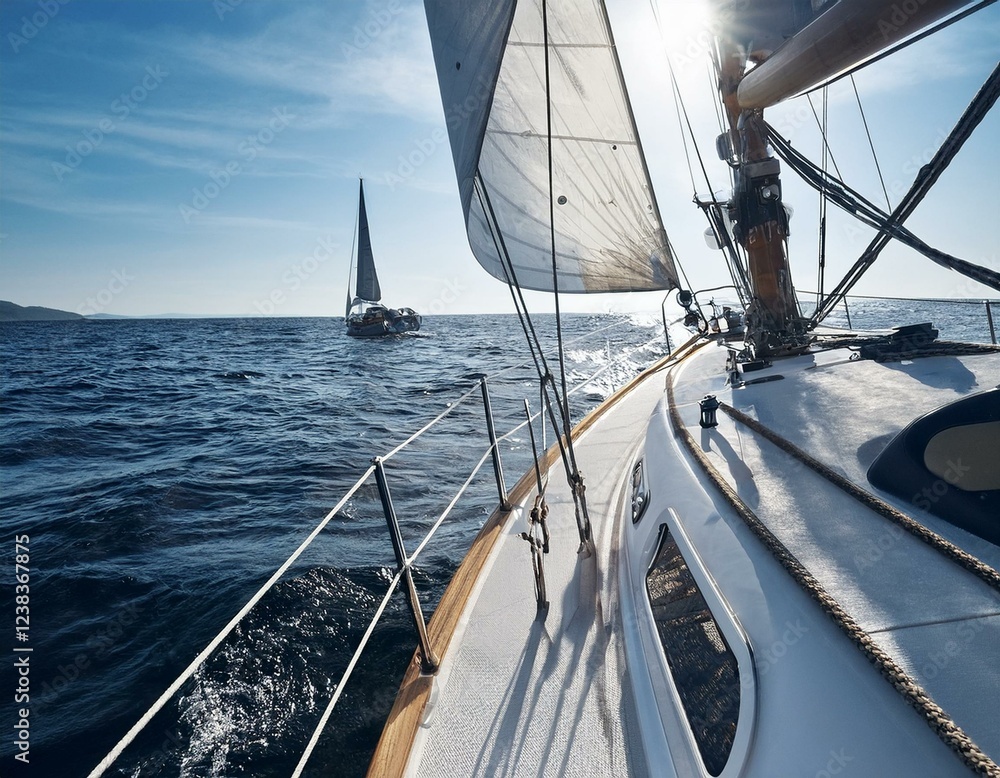 Fototapeta premium Creative concept photo of tourist sailboat in the sea landscape.