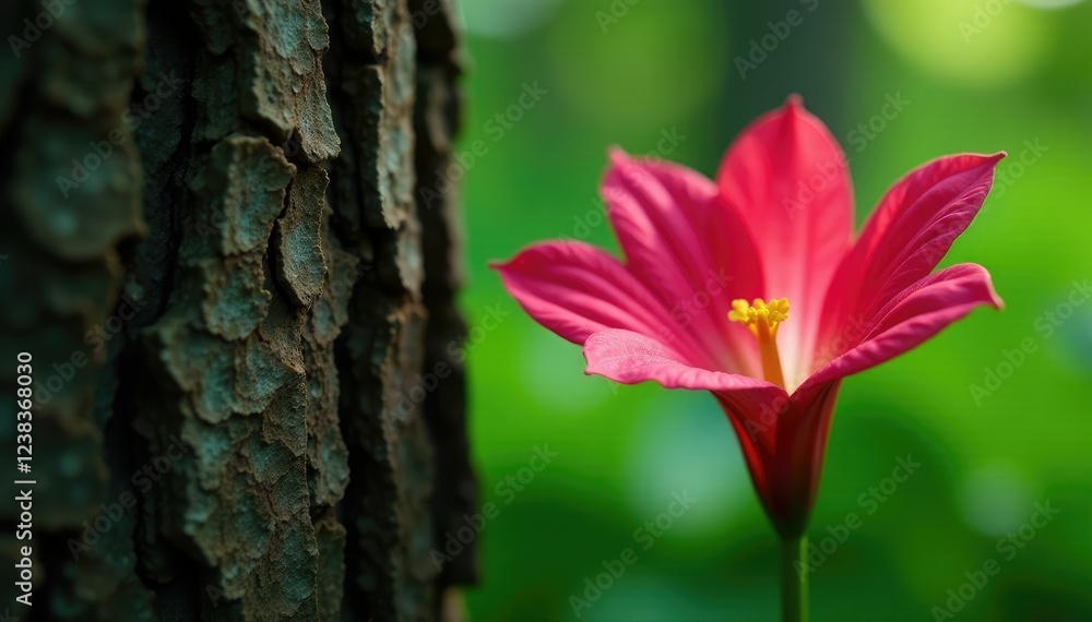 Fototapeta premium the delicate shape of a jambo flower contrasts with the rough bark of a tree, contrasting, greenery, flowers