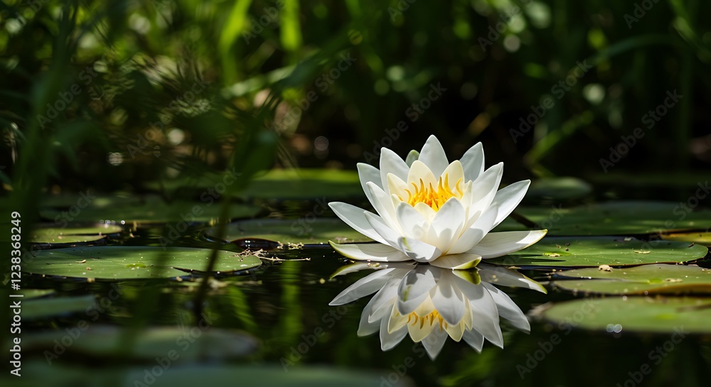 Serene White Water Lily on Calm Pond Reflections Serene White Water Lily on Calm Pond Reflections