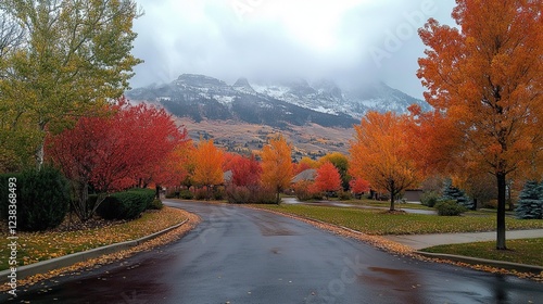 Brief break in clouds revealing fall colors over Mt. Timpanogas during a rainstorm photo