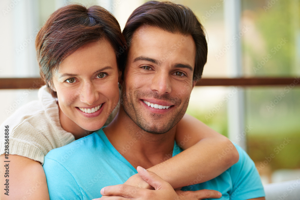 Portrait, happy and couple with hug at house for real estate achievement, property security and bonding. Smile, people and embrace for house investment, relocation support and relationship commitment Portrait, happy and couple with hug at house for real estate achievement, property security and bonding. Smile, people and embrace for house investment, relocation support and relationship commitment
