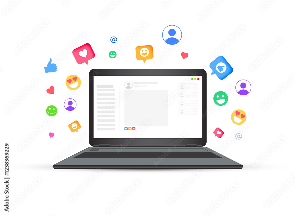 Social media faces and playful likes hovering and floating around the Laptop in multiple colors. Reactions, emotions, floating, colorful Social media faces and playful likes hovering and floating around the Laptop in multiple colors. Reactions, emotions, floating, colorful