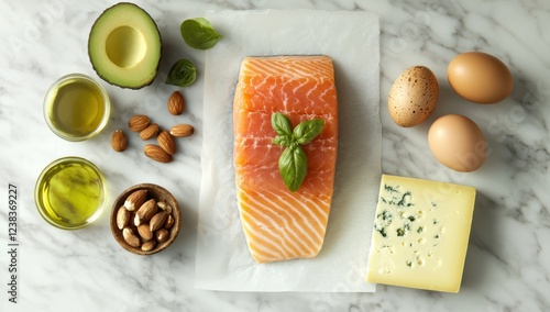 Wallpaper Mural An assortment of healthy foods is arranged on a white marble table, featuring salmon, avocado, eggs, nuts, cheese, and olive oil, ready for meal preparation. Fresh basil adds vibrancy to the layout Torontodigital.ca