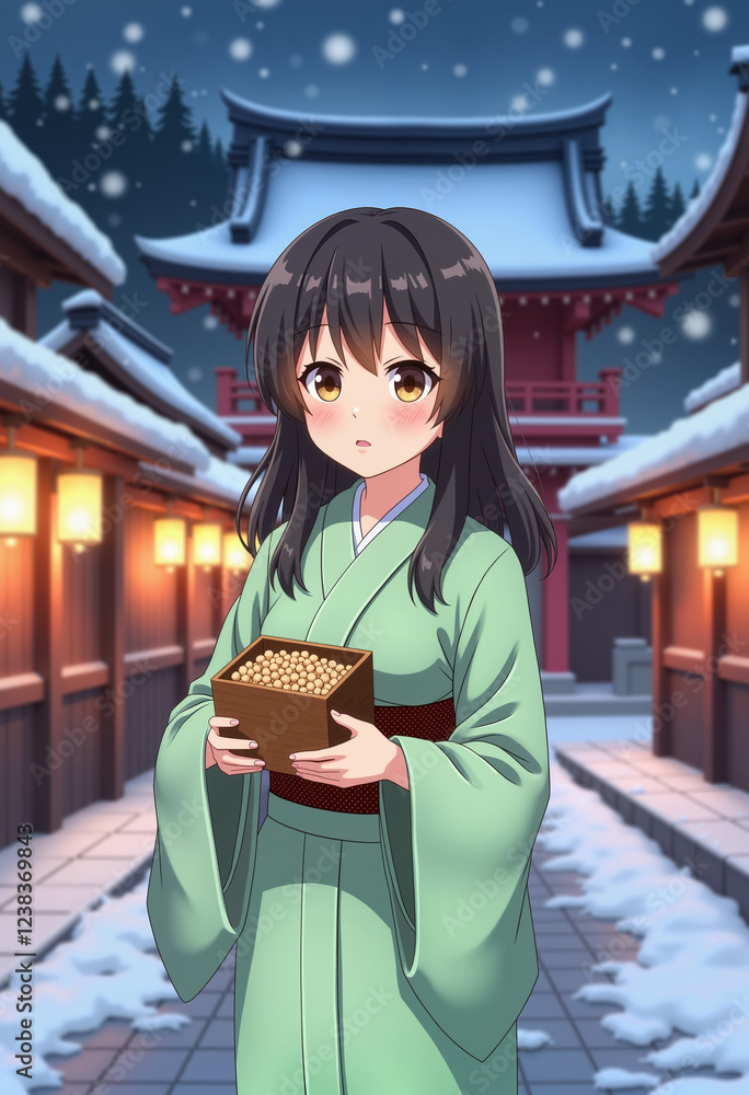 Shy girl holding roasted soybeans at snowy shrine, Setsubun celebration Shy girl holding roasted soybeans at snowy shrine, Setsubun celebration