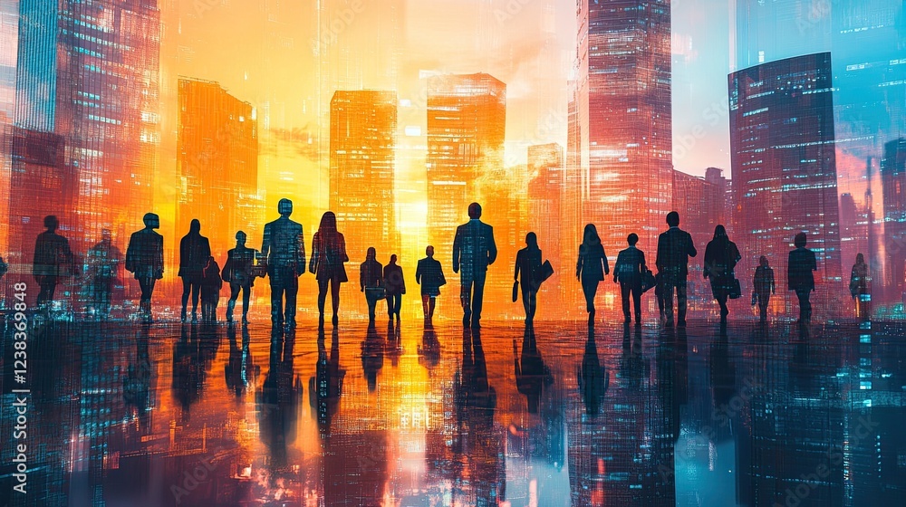 Business Professionals Against Abstract City Backdrop – Representing collaboration and networking in the contemporary business world Business Professionals Against Abstract City Backdrop – Representing collaboration and networking in the contemporary business world
