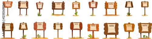 Wanted western sign icons set. Set of various wooden wanted posters in a wild west desert setting, creating a classic western scene