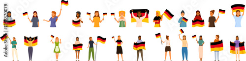 Woman holding germany flag icons set. Group of diverse german citizens waving flags celebrating german unity day or other national holiday