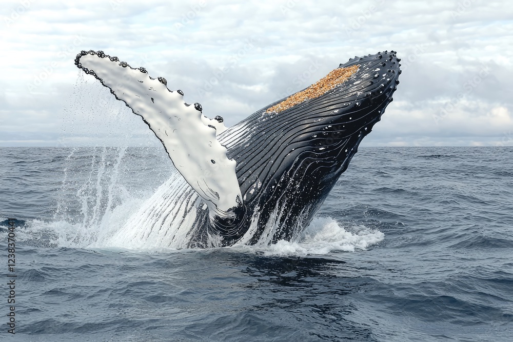 Fototapeta premium Humpback Whale Breaching Ocean Surface Displaying Flukes