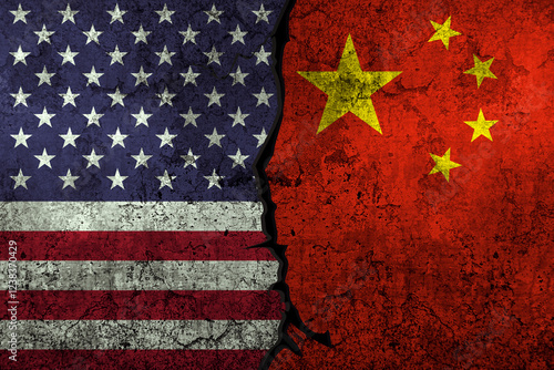 USA vs China conflict and trade war concept design with painted flags on the wall. Tariff, political, trade