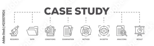 Case study infographic icons flow process which consists of research, data, conditions, examination, method, in-depth, analyzing, and result icon live stroke and easy to edit .