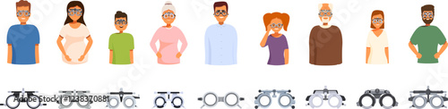 Trial glasses icons set. People undergoing eye exams with trial frames and various phoropter models, representing vision care and ophthalmology