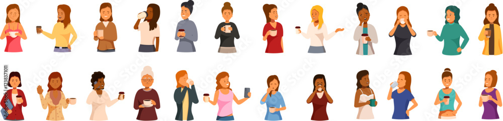 Woman drinking morning coffee icons set. Businesswomen and female employees enjoying their coffee break, drinking coffee and tea Woman drinking morning coffee icons set. Businesswomen and female employees enjoying their coffee break, drinking coffee and tea