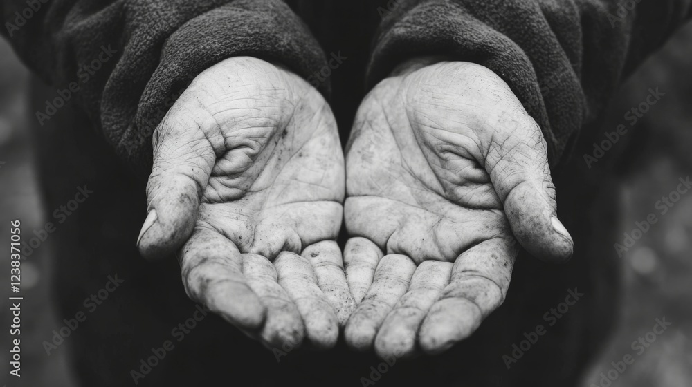 Elderly hands outstretched, outdoors, begging, blurred background, poverty concept Elderly hands outstretched, outdoors, begging, blurred background, poverty concept