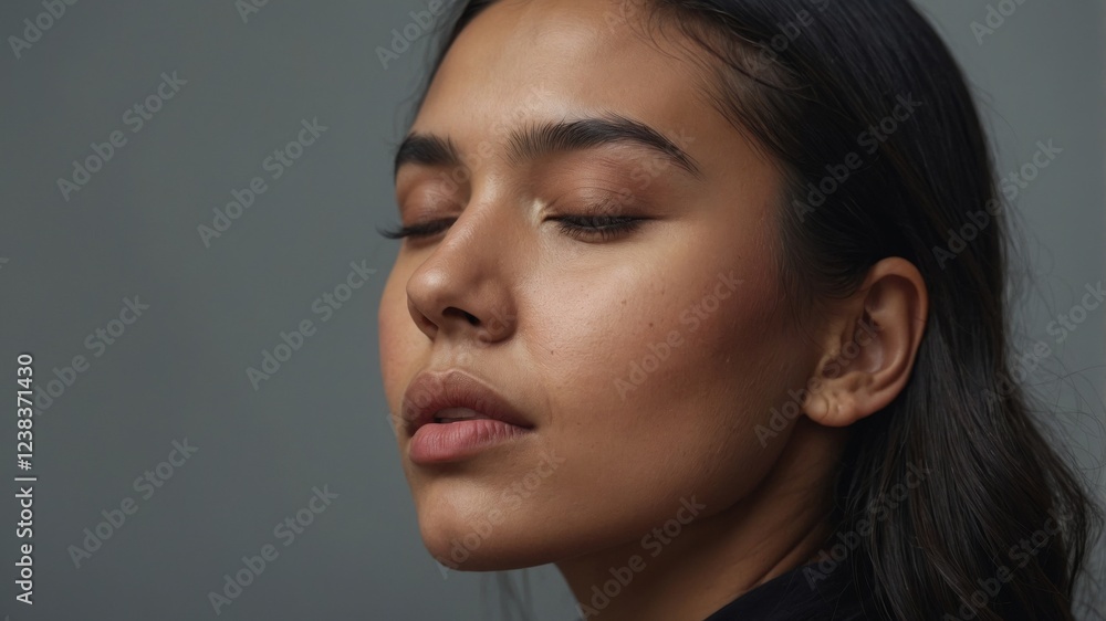 Young woman with closed eyes poses against a solid background showcasing natural beauty and calmness Young woman with closed eyes poses against a solid background showcasing natural beauty and calmness