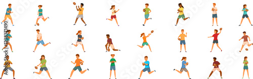 Children playing rugby icons set. Diverse group of athletes engaged in dynamic rugby or american football actions, showcasing athleticism and teamwork