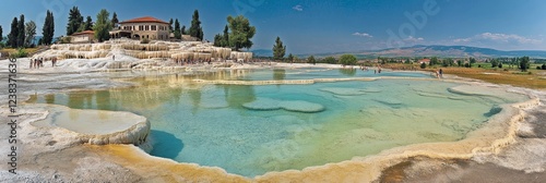 Tranquil Limestone Terraces and Clear, Blue Thermal Pools at Popular Tourist Destination in Turkey photo