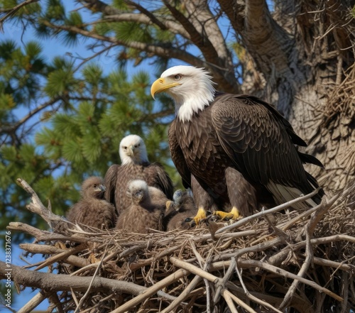 The mother bald eagle's feathers are ruffled from preening and grooming her three eaglet chicks in the nest, wildlife, sharp talons photo