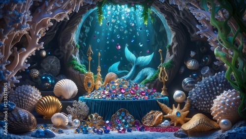 Mystical underwater treasure trove filled with pearls, shells, and sparkling gems in a vibrant oceanic cave
