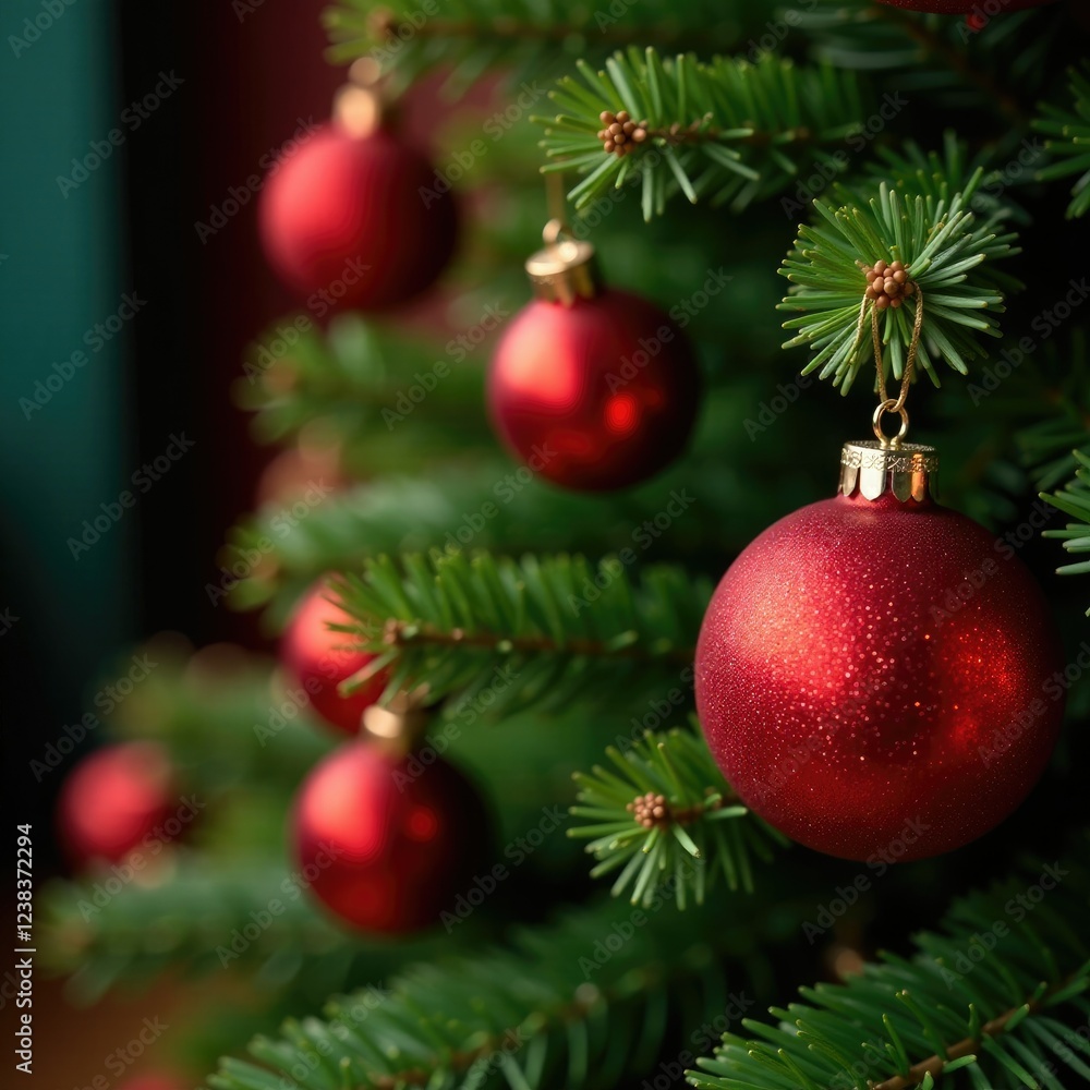 The red glass ornaments shimmer and shine on the lush greenery of the Christmas tree, festive decor, evergreen trees The red glass ornaments shimmer and shine on the lush greenery of the Christmas tree, festive decor, evergreen trees
