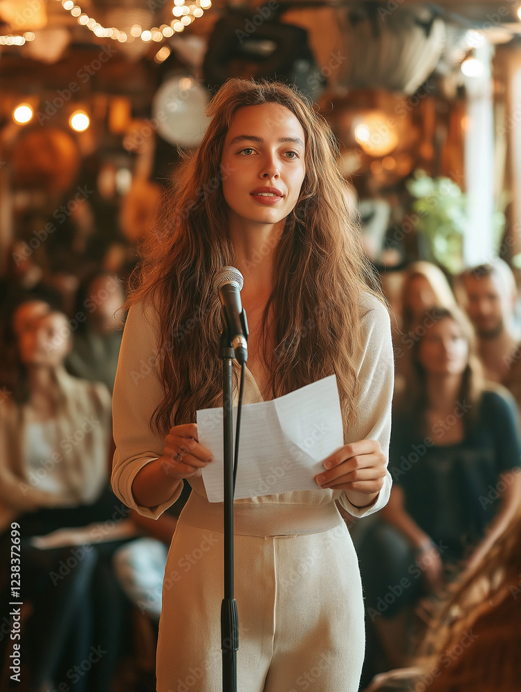 Obraz premium A woman with long hair is standing in front of a microphone