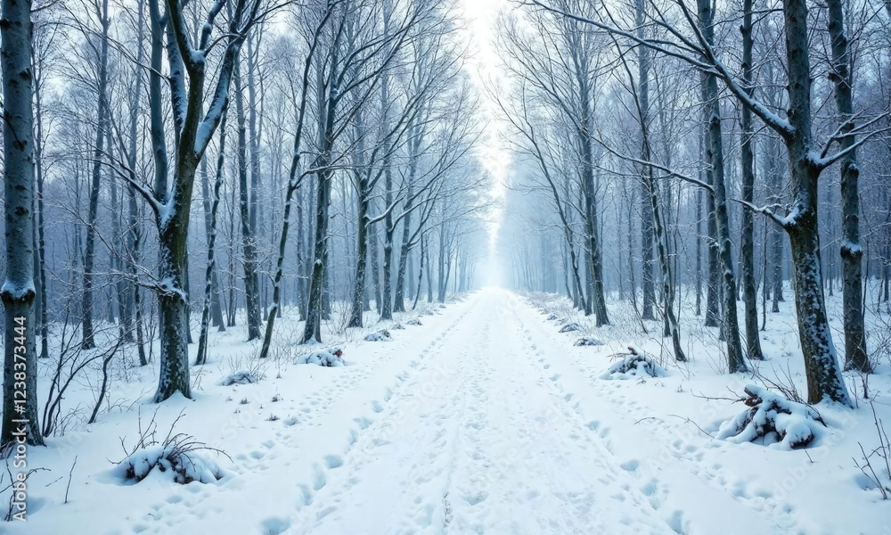 Obraz premium The snow-covered forest path is lined with bare trees, winter landscape, snowy terrain,