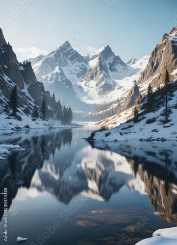 Wallpaper Mural The snow-covered mountains reflect in the calm lake, water, mirrored Torontodigital.ca