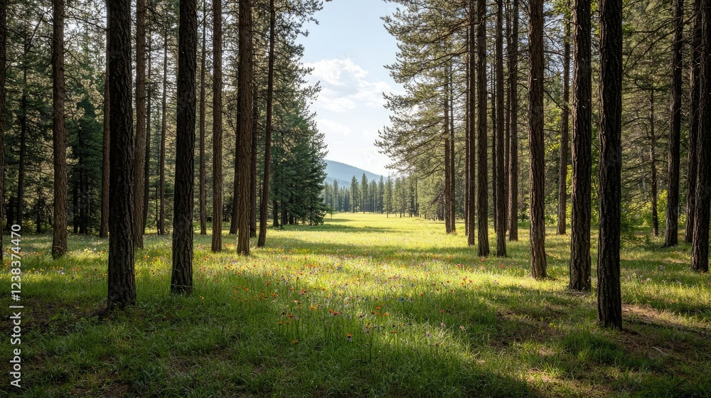 Rustic woods nature idea. A serene forest landscape with tall trees and lush green grass under a clear blue sky. Rustic woods nature idea. A serene forest landscape with tall trees and lush green grass under a clear blue sky.