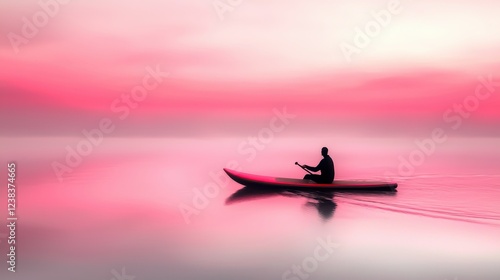 A lone paddleboarder silhouetted against the serene reflection of the sky on a calm lake capturing the peaceful and meditative experience of exploring the outdoors at dusk photo