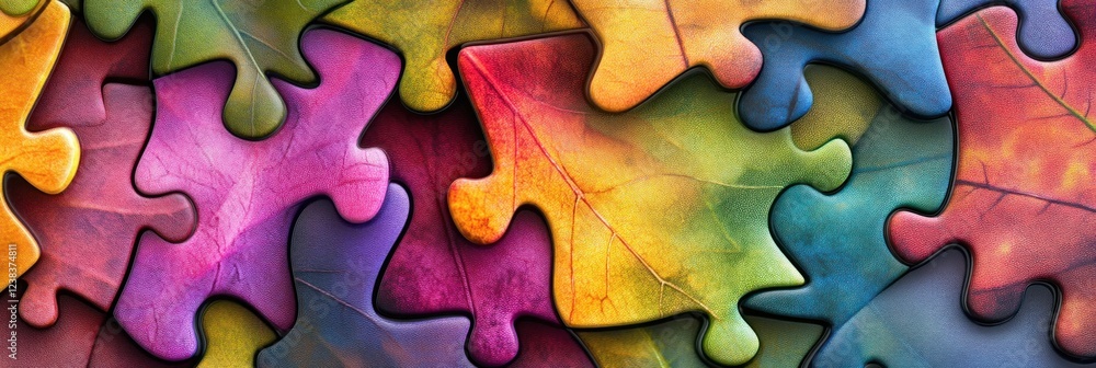 Fototapeta premium Colorful Autumn Leaves Puzzle: A vibrant and intricate jigsaw of autumn leaves, each piece a unique shade of fall colors.