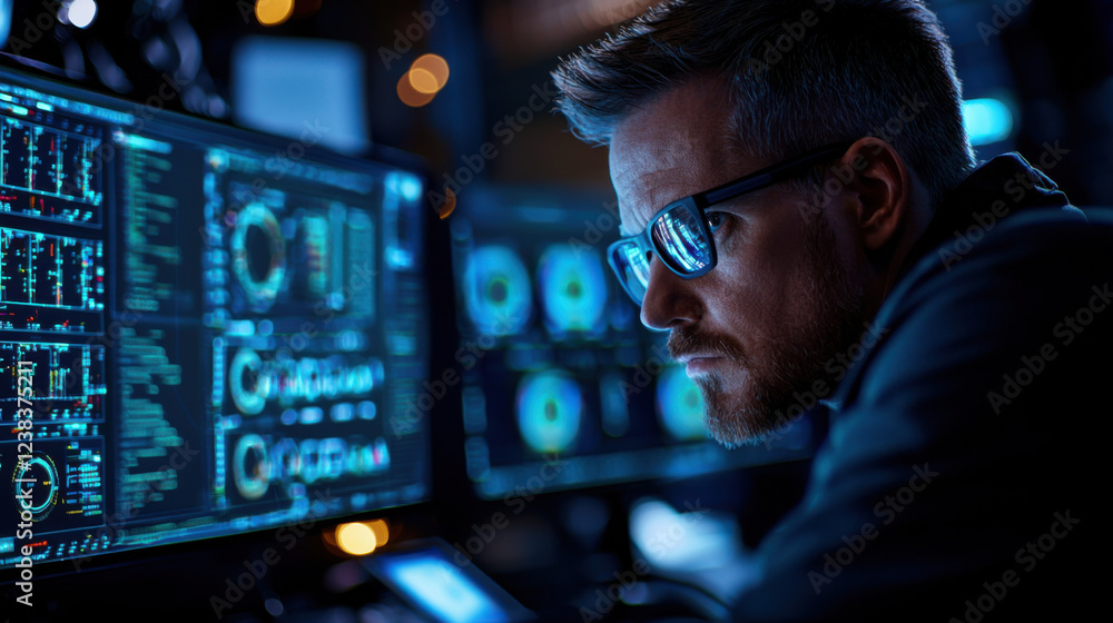 technician analyzing data on multiple screens in dark environment technician analyzing data on multiple screens in dark environment