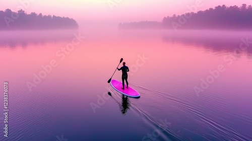 A lone paddleboarder silhouetted against the vibrant pink and purple hues of the setting sun gracefully gliding across the calm reflective surface of a tranquil lake during the peaceful evening hours photo