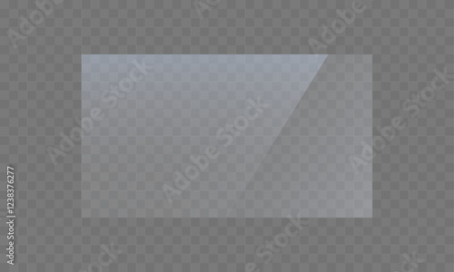 Transparent shiny glass plate. Screen reflection illustration on a transparency grid background