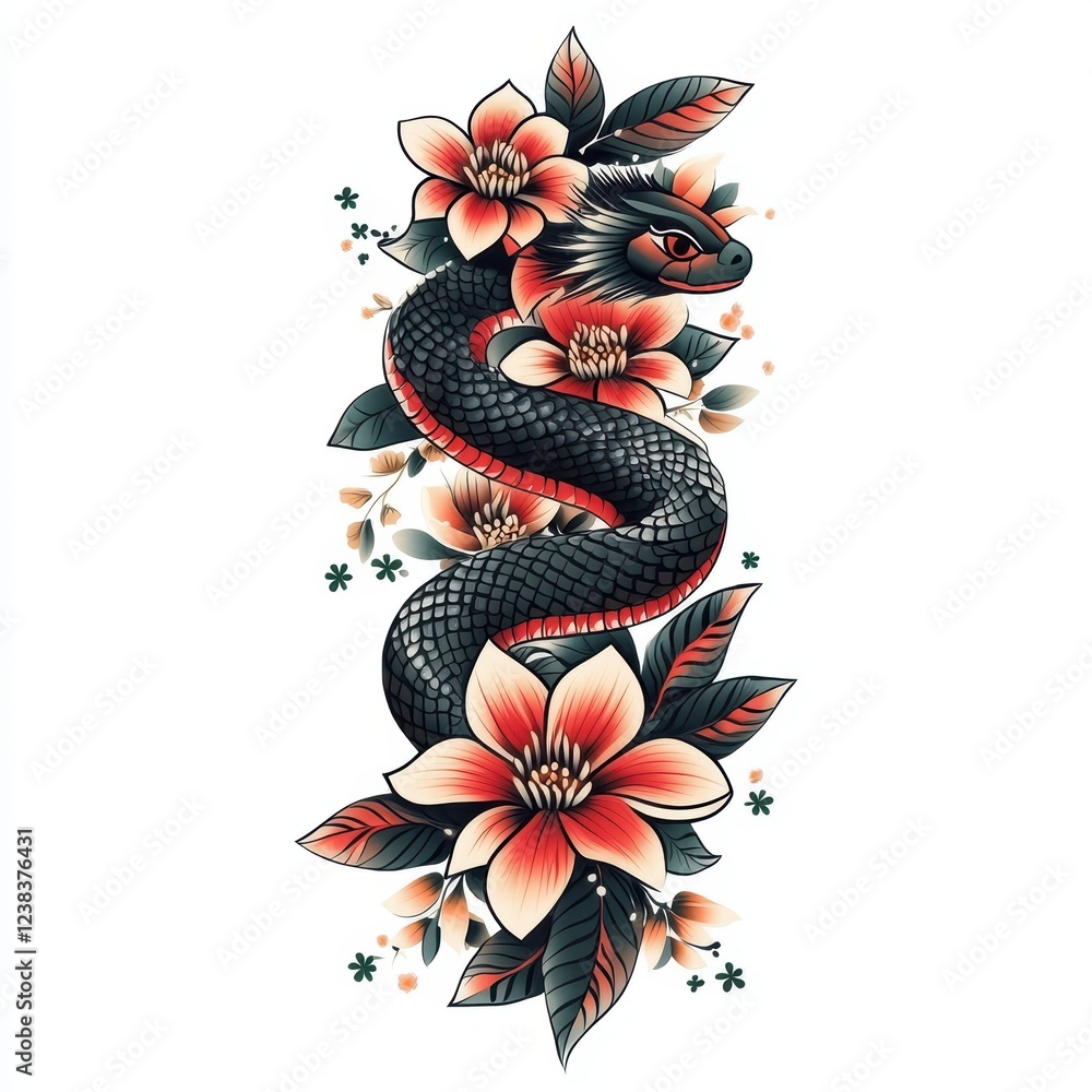 Obraz premium Tattoo design featuring a snake and flowers.