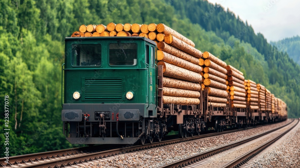 Fototapeta premium A timber transport train loaded with logs and lumber winding its way through a picturesque mountain valley landscape with lush green forests and cloudy skies