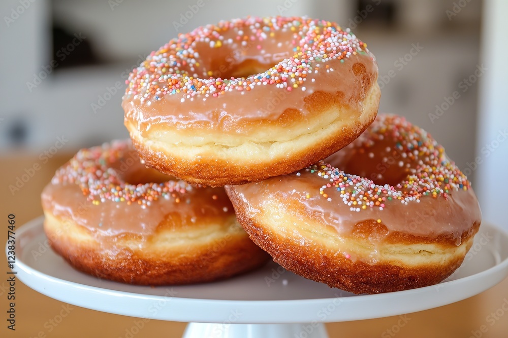 Delicious glazed donuts with colorful sprinkles displayed on a white cake stand in a cozy kitchen setting Delicious glazed donuts with colorful sprinkles displayed on a white cake stand in a cozy kitchen setting