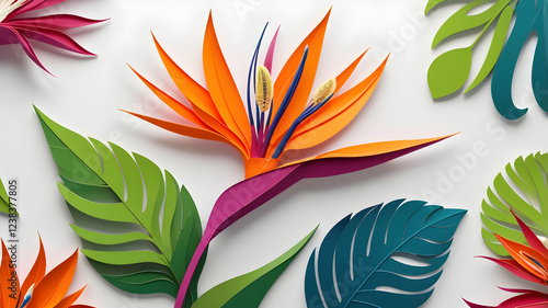 Colorful paper cut tropical bird of paradise flower and leaves on white background