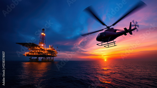 Helicopter approaching offshore drilling platform at sunset over ocean