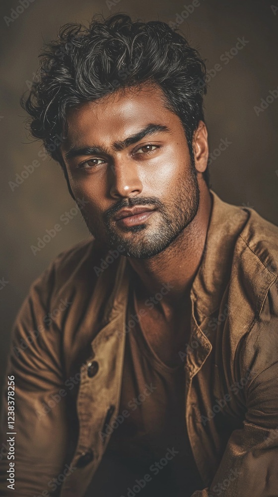 Fototapeta premium A man with striking curly hair gazes thoughtfully into the distance, his expression reflecting confidence and depth as he wears a stylish brown jacket. Soft lighting accentuates his features