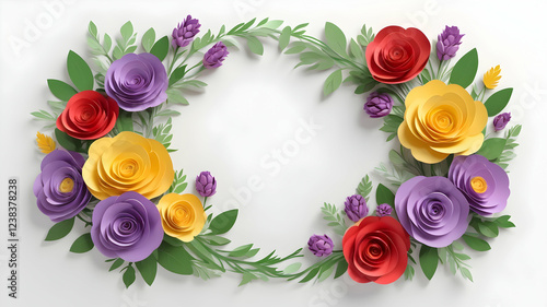 Colorful paper flower wreath border on white background photo